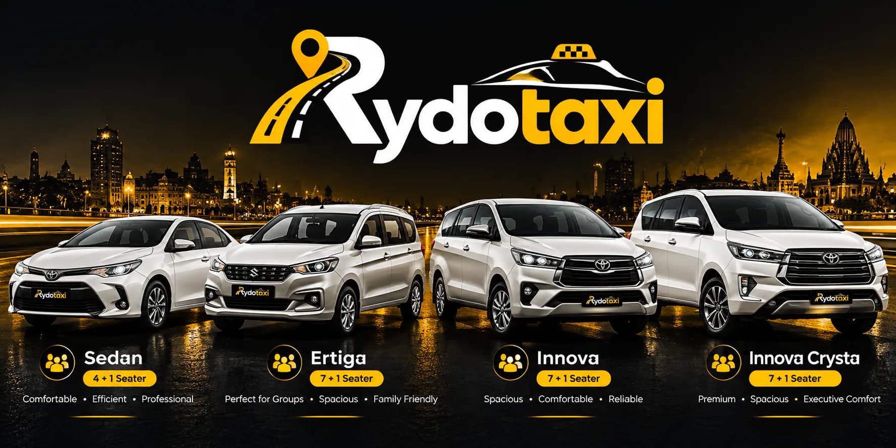 Rydotaxi fleet — Sedan, Ertiga, Innova and Innova Crysta taxis ready for your trip